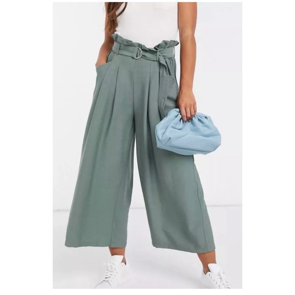 Vero Moda Pants - Vero Moda Viscose Green Paper Bag Belted Wide Leg Cropped Trousers NWOT Size 16